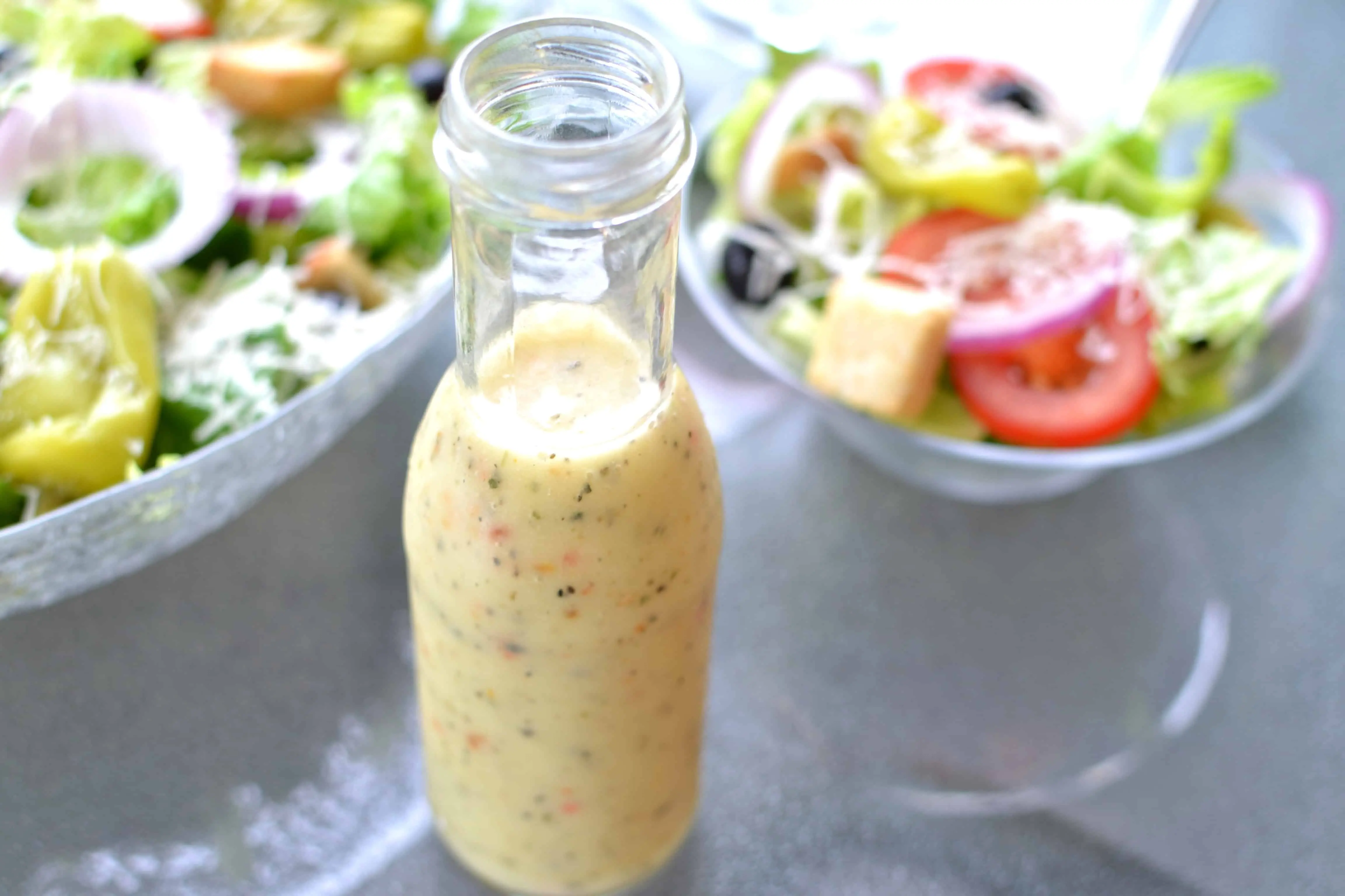 Olive Garden house salad with Italian dressing, pepperoncini and croutons